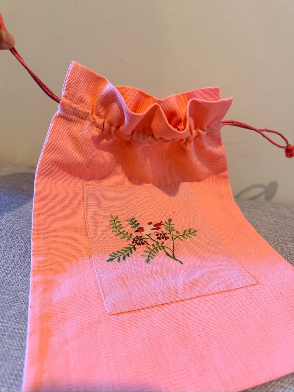 Sealed Handmade Thai Embroidered Drawstring Pouches - Set of 2 (Pink & Peach)